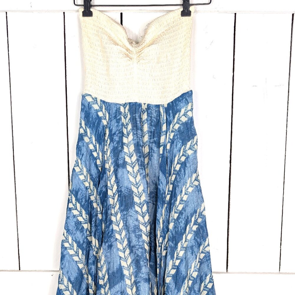 Gauzy cotton shirred strapless handkerchief hem boho dress
